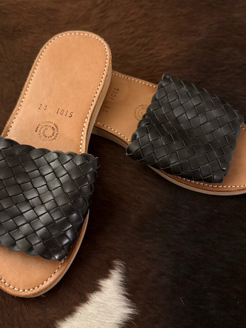 Men's Black Woven Leather Slide Sandals